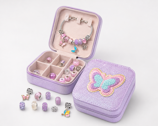 Tie-Dye Butterfly Halo Charms bracelet and jewelry case on white background