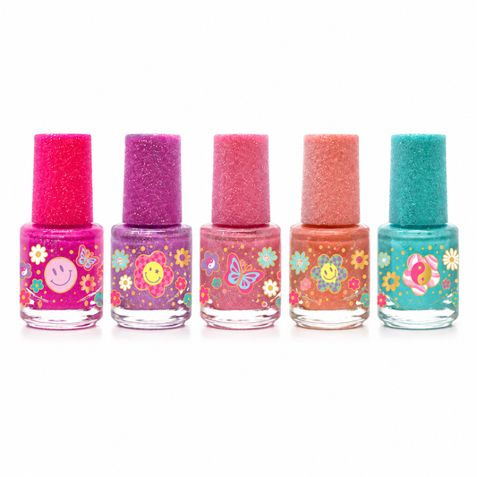 Groovy Flower five-piece nail polish set front view on white