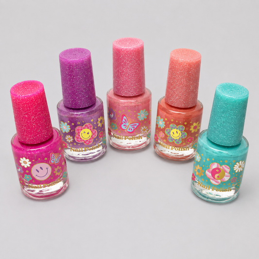 Groovy Flower five-piece nail polish set front view on white