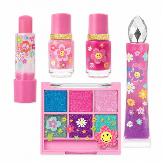 Hot Focus Groovy Flower cosmetic set front flat lay on pure white