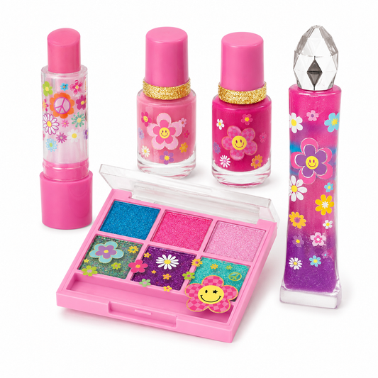 Hot Focus Groovy Flower cosmetic set front flat lay on pure white