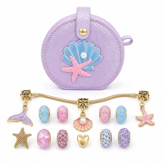 Mermaid Vibes Halo Charms bracelet and jewelry case on white background