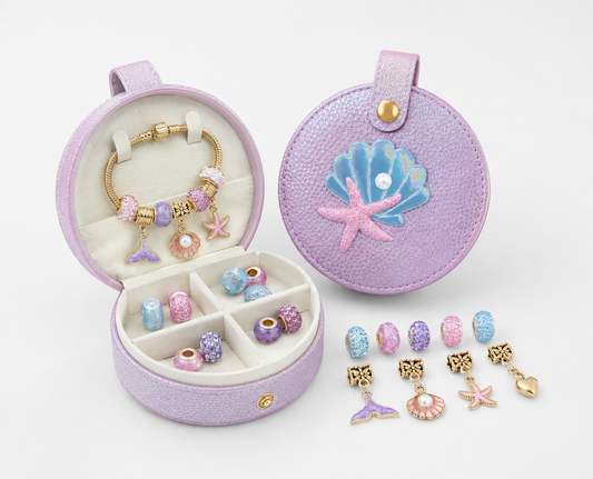 Mermaid Vibes Halo Charms bracelet and jewelry case on white background
