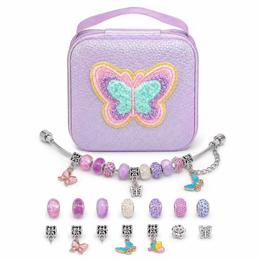 Tie-Dye Butterfly Halo Charms bracelet and jewelry case on white background