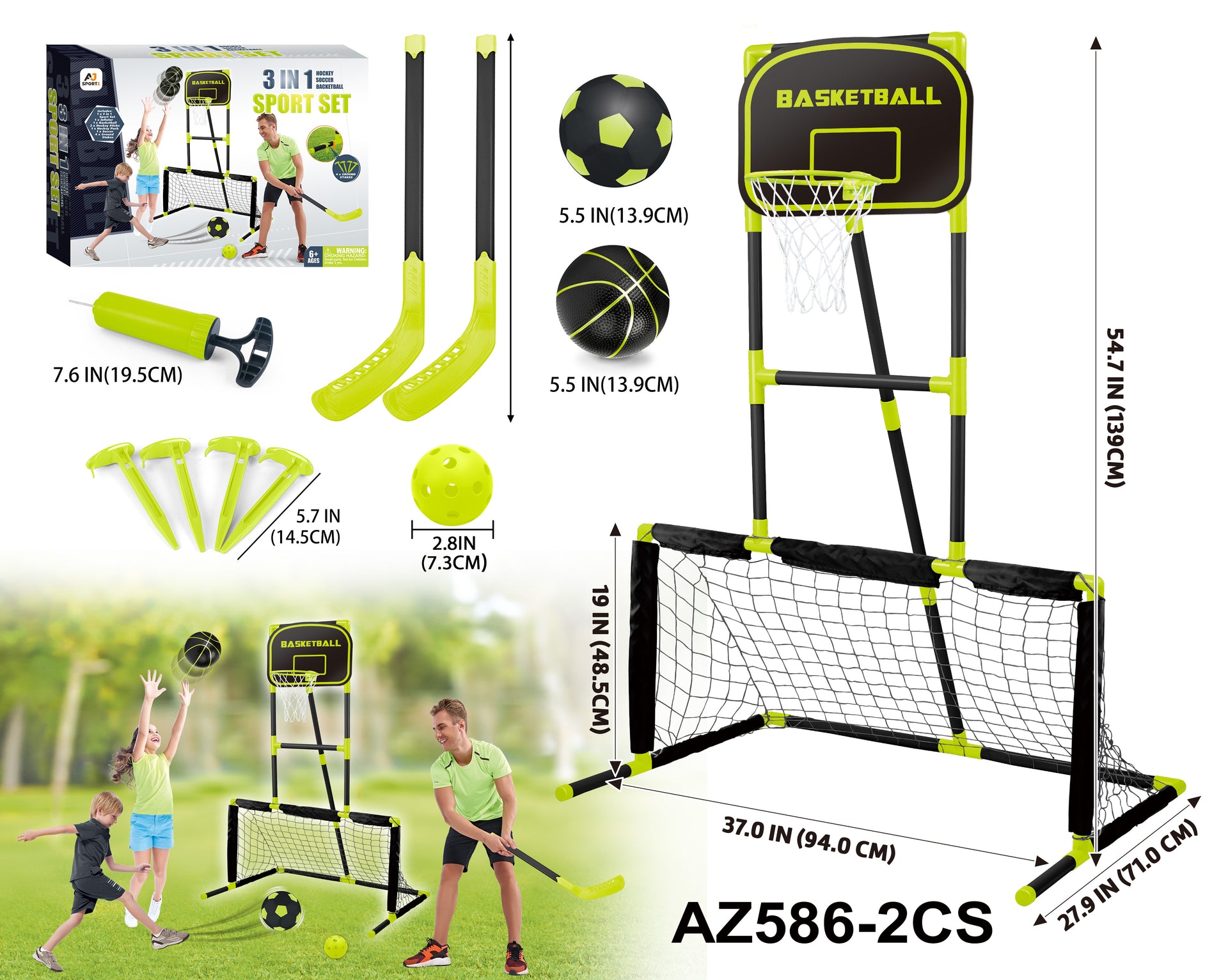 Aojie Sport – 3 In 1 Combo Set (Basketball, Soccer, Hockey Set) - Ages 6+