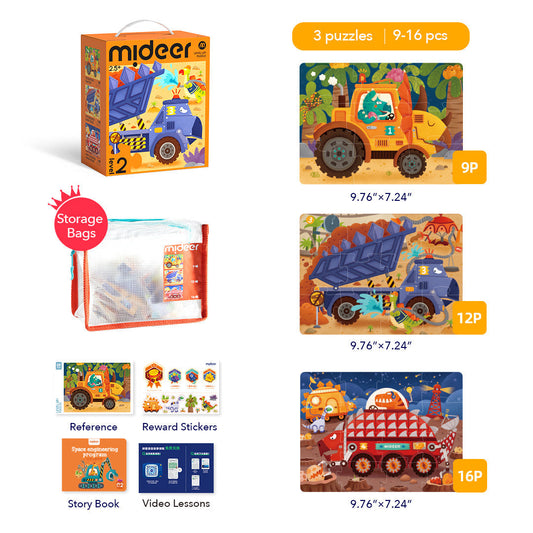 Mideer 3-in-1 Level Up Puzzle - Dinosaur Engineering