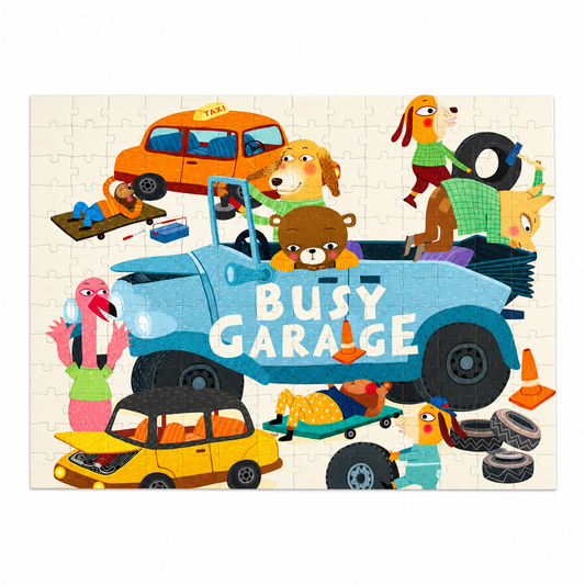 Mideer Busy Garage 104-piece puzzle assembled front view on pure white