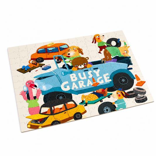 Mideer Busy Garage 104-piece puzzle assembled front view on pure white