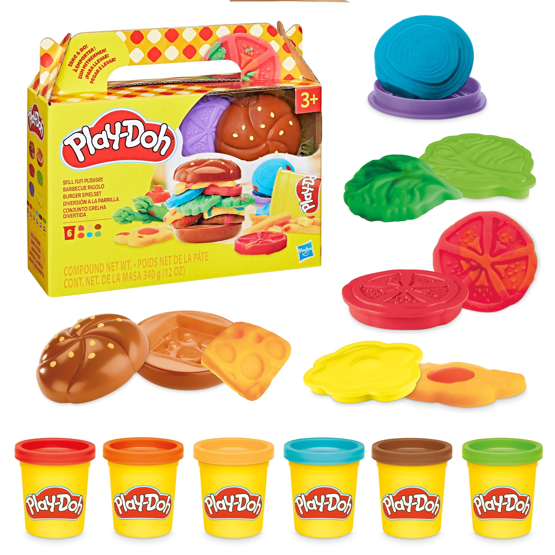 Play-Doh Grill Fun Playset box with burger toy buns and modeling dough cans
