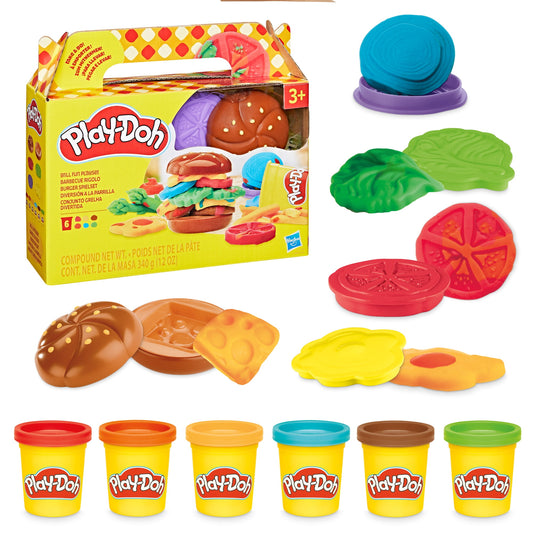 Play-Doh Grill Fun Playset box with burger toy buns and modeling dough cans