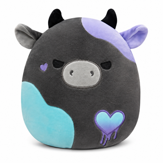 Smithereens charcoal cow plush front view on white