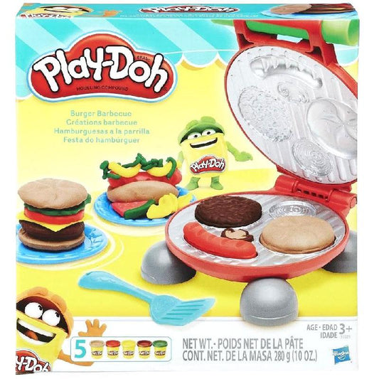 Play-Doh Burger Barbecue Set box with grill mold and modeling dough cans