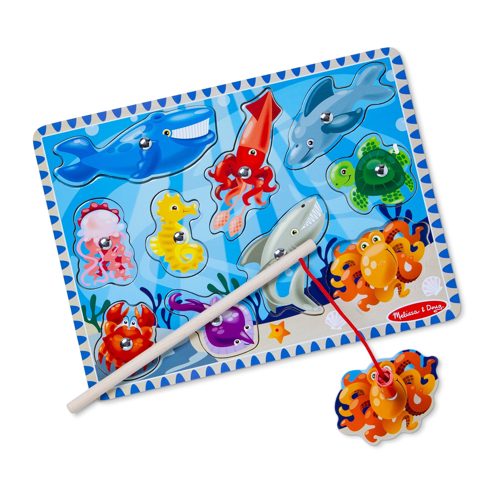 Melissa & Doug Fishing Magnetic Puzzle Game with magnetic fishing pole and wooden sea creature pieces