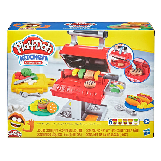 Play-Doh Grill Fun Playset box with burger toy buns and modeling dough cans