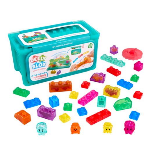 Jelly Blox Playground Store and Play set with pieces on a white background